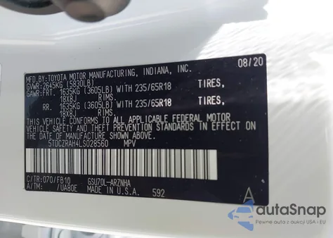 2020 Toyota Highlander L из США, поврежденный, VIN 5TDCZRAH4LS028560